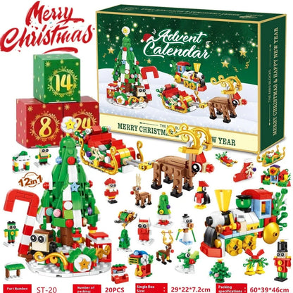 Christmas building block toy set with small particle plastic blocks in colour box packaging measuring 27-31.3cm