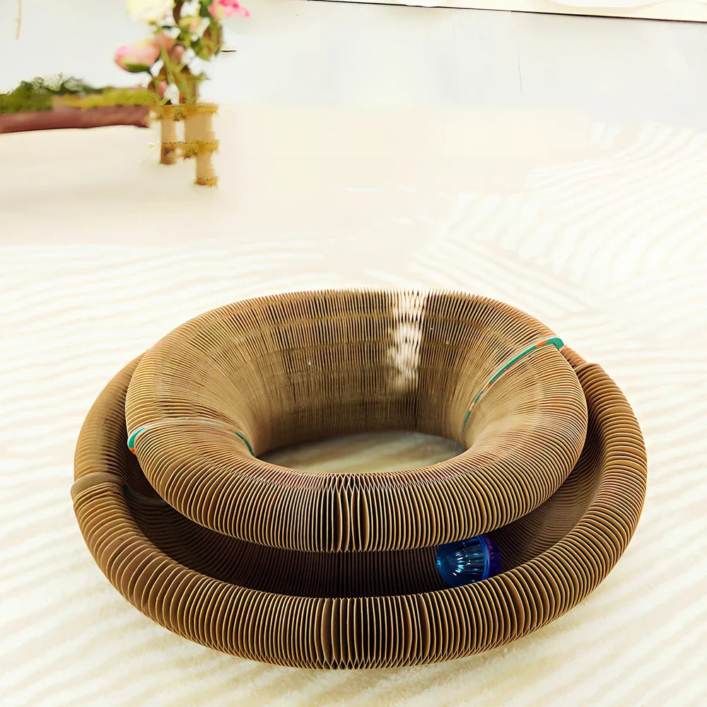 Foldable green cat patterned corrugated paper scratching board with dangling ball, wear-resistant design