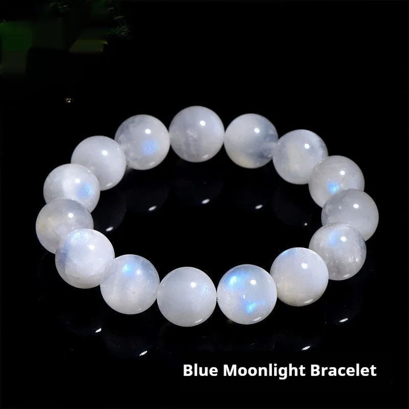 Natural blue moonlight round bead bracelet in white with polished moonstone beads showing blue sheen effect