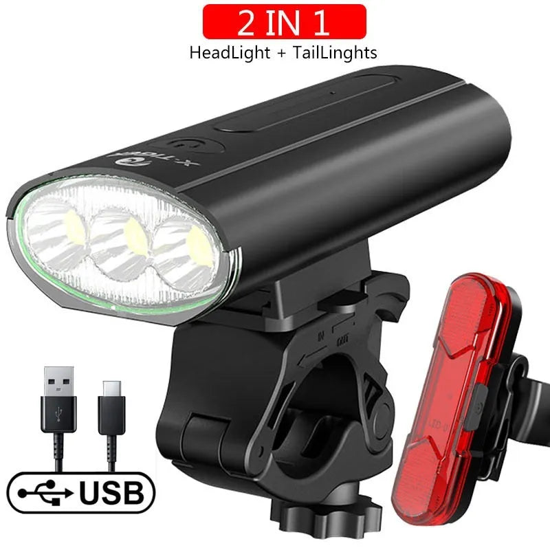 USB rechargeable bike light with double T6 lamp beads, 1200 lumens, aluminium alloy frame, IPX-6 waterproof