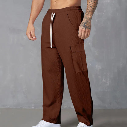 Men's straight-leg corduroy trousers with adjustable waist in navy blue colour