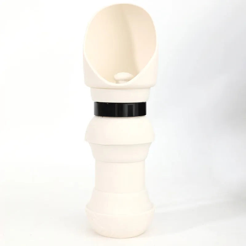 Silicone folding pet cup shown expanded as drinking bowl and collapsed to 4cm height