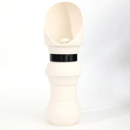 Silicone folding pet cup shown expanded as drinking bowl and collapsed to 4cm height