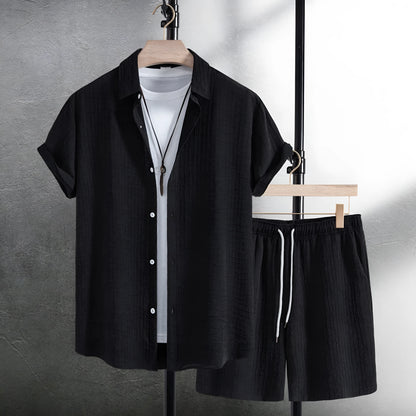Men's black jacquard cotton blend short sleeve shirt and matching shorts casual suit set