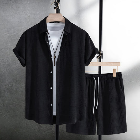 Men's black jacquard cotton blend short sleeve shirt and matching shorts casual suit set