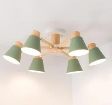Nordic Macaron ceiling lamp with ironwood construction and multiple light heads in various colour options