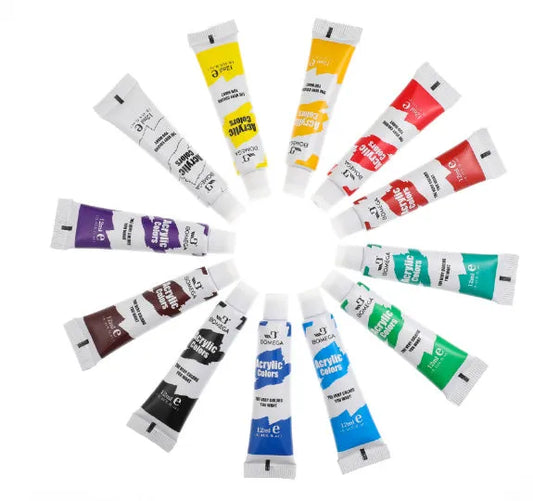12-colour artist pigment set with tubes for acrylic, oil, watercolour, gouache, glass and textile painting techniques