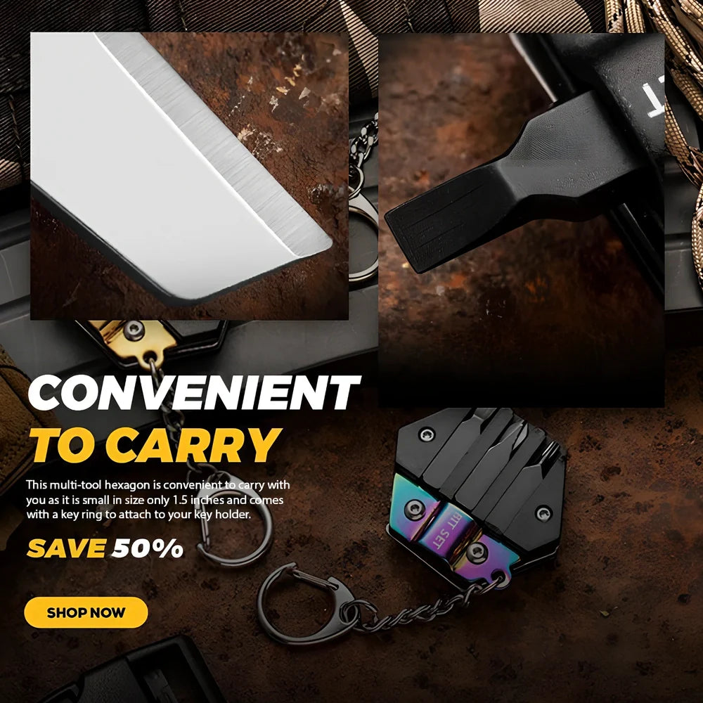 Black multifunctional hexagon keychain knife, 38mm x 13mm stainless steel tool with 2cm blade and key ring