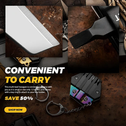 Black multifunctional hexagon keychain knife, 38mm x 13mm stainless steel tool with 2cm blade and key ring