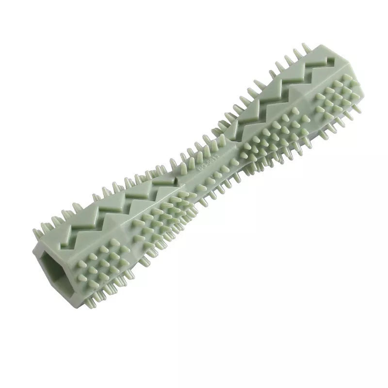Hexagonal TPR chew toy for dogs in green, blue, or pink for teeth cleaning and anxiety relief