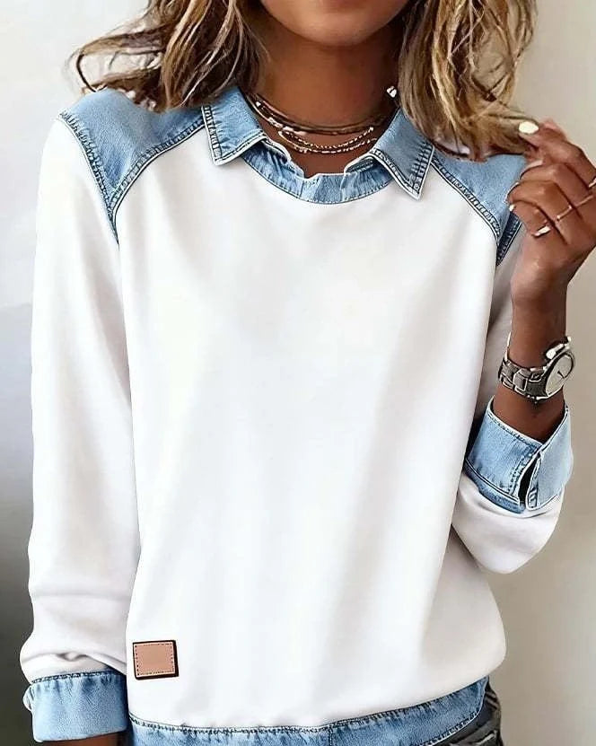 Denim collar long sleeve pullover with patchwork knitwear in street fashion style, available in multiple colours