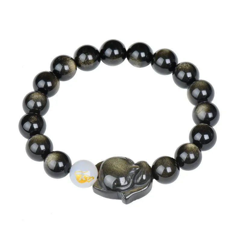 Natural obsidian beaded bracelet with 10mm stones in gold, silver, or black style.