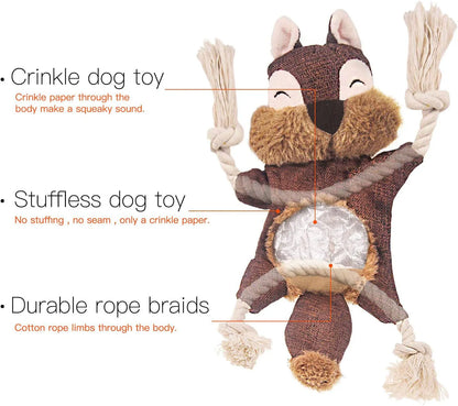 Brown stuffless fox plush dog toy with cotton rope limbs and embroidered eyes
