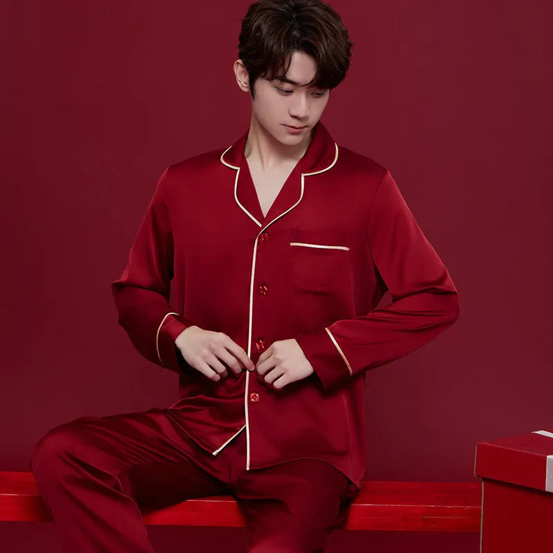 Red ice silk sleepwear set with long sleeves and trousers for men and women, lightweight fabric