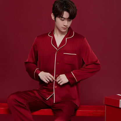 Red ice silk sleepwear set with long sleeves and trousers for men and women, lightweight fabric