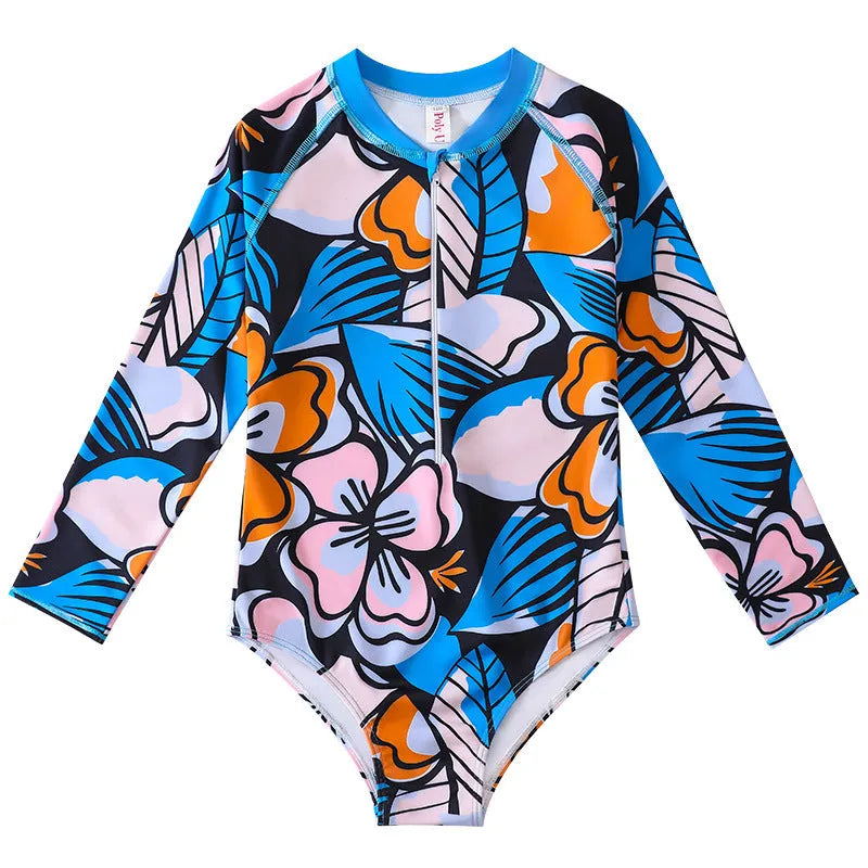 Girl's long-sleeve one-piece swimming suit in a briefs style on a hanger.