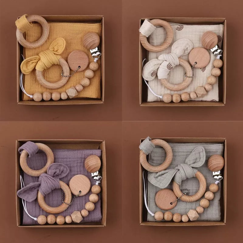 Natural cotton baby bath toy set with wooden rattle and comfort towel