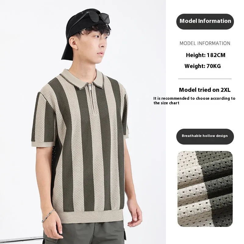 Men's short sleeve ice silk sweater with zipper decoration in striped pattern, available in multiple colours and sizes