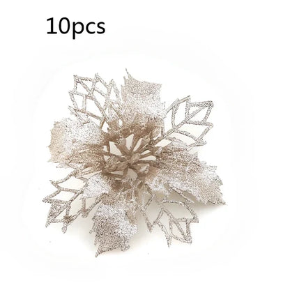 Glitter artificial Christmas flowers measuring 11cm with sparkling coating in various colour options