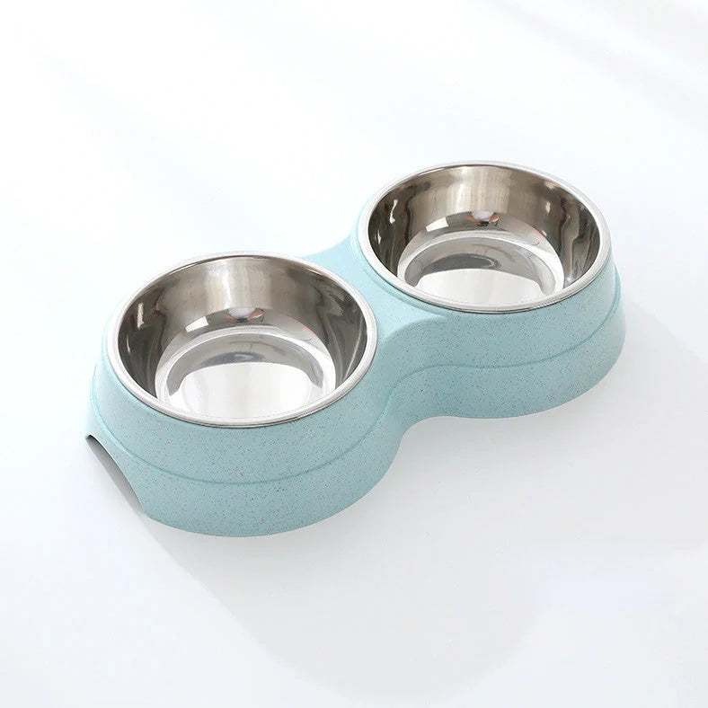 Double pet bowl with stainless steel insert and straw base in blue, showing separate food and water compartments