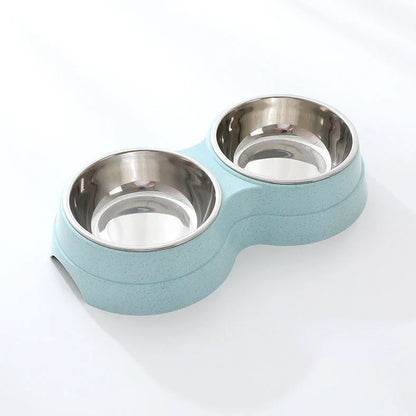 Double pet bowl with stainless steel insert and straw base in blue, showing separate food and water compartments