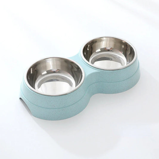 Double pet bowl with stainless steel insert and straw base in blue, showing separate food and water compartments