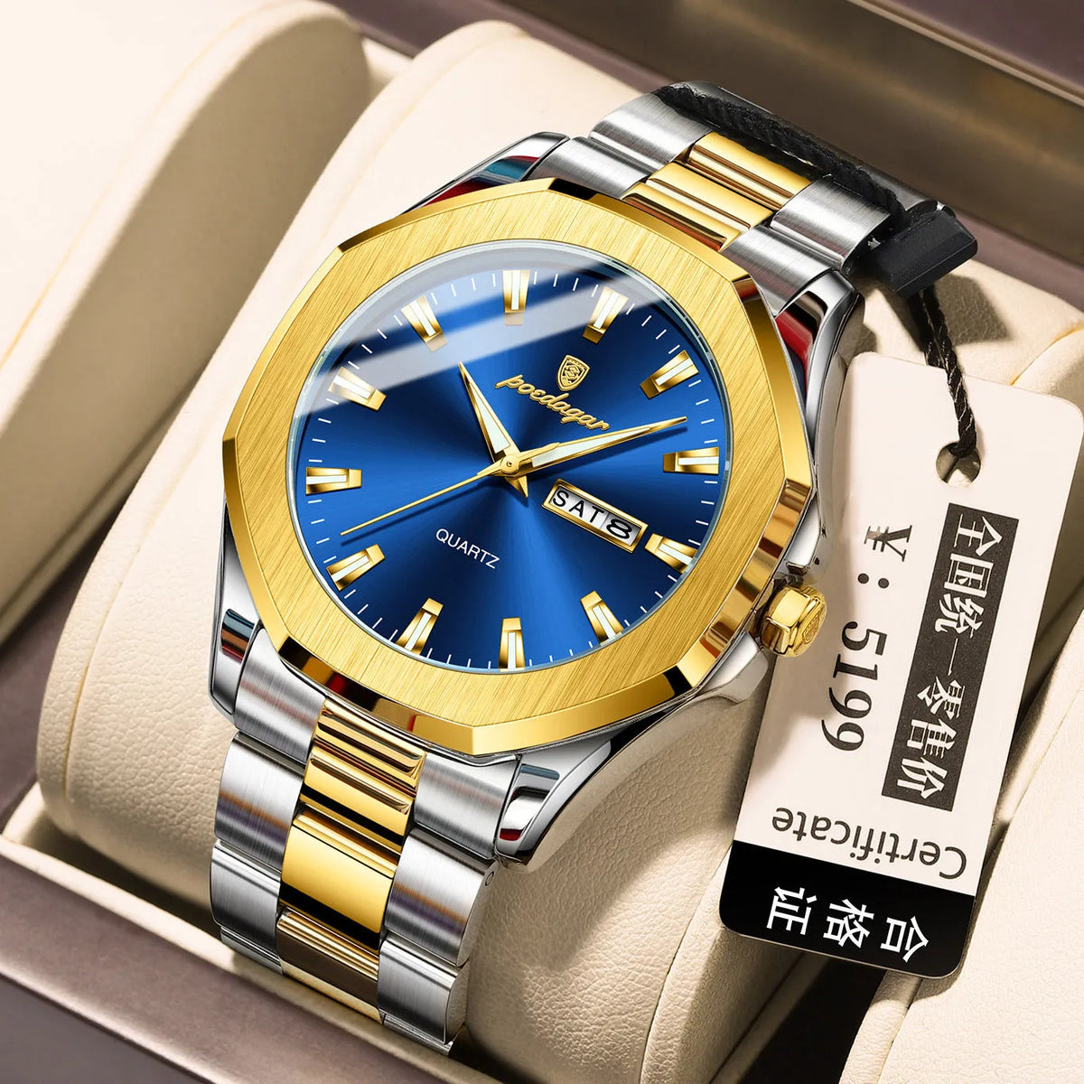 Men's steel strap quartz business watch with 9mm thickness in multiple colour options
