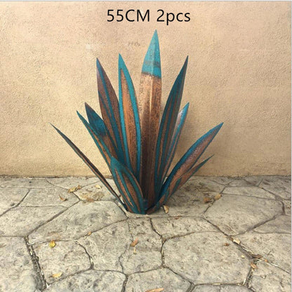 Handmade rustic tequila agave metal sculpture with blue highlights for garden or home decor