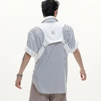 Men's black and white striped shirt with double collar design and short sleeves