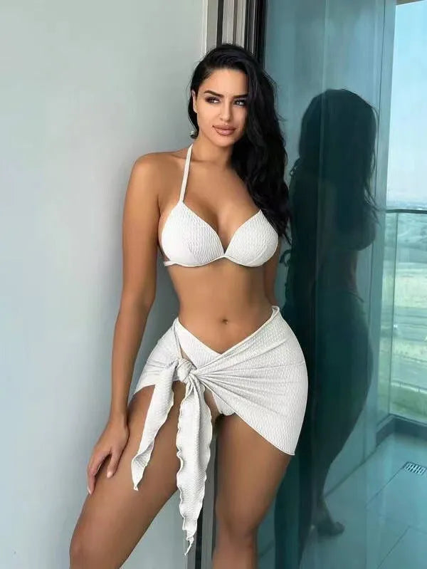 Women's three-piece swimsuit set in solid colour with Russian split design and matching skirt