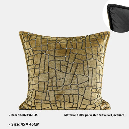 Gold geometric abstract decorative pillow in 50x50cm, 45x45cm, and 30x50cm sizes with polyester cover