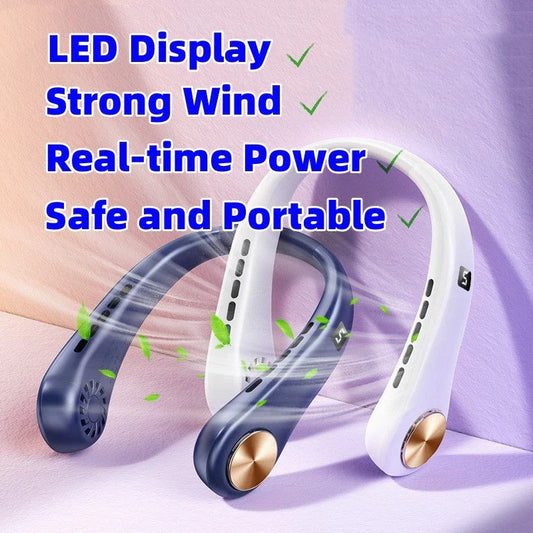 Stylish portable neck fan with bladeless design, adjustable speeds, and rechargeable battery for hands-free cooling
