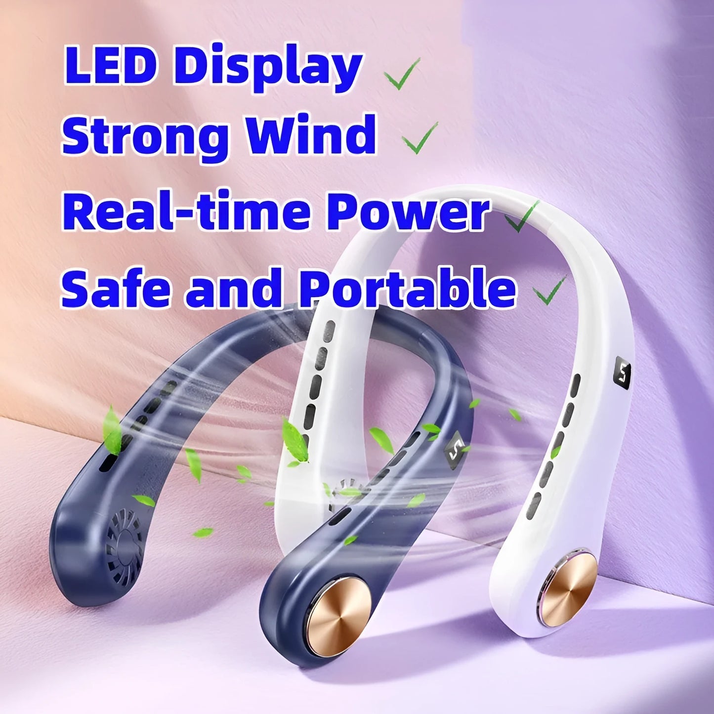 White bladeless hanging neck fan worn around a person's neck showing its snake-like shape and annular air outlet.