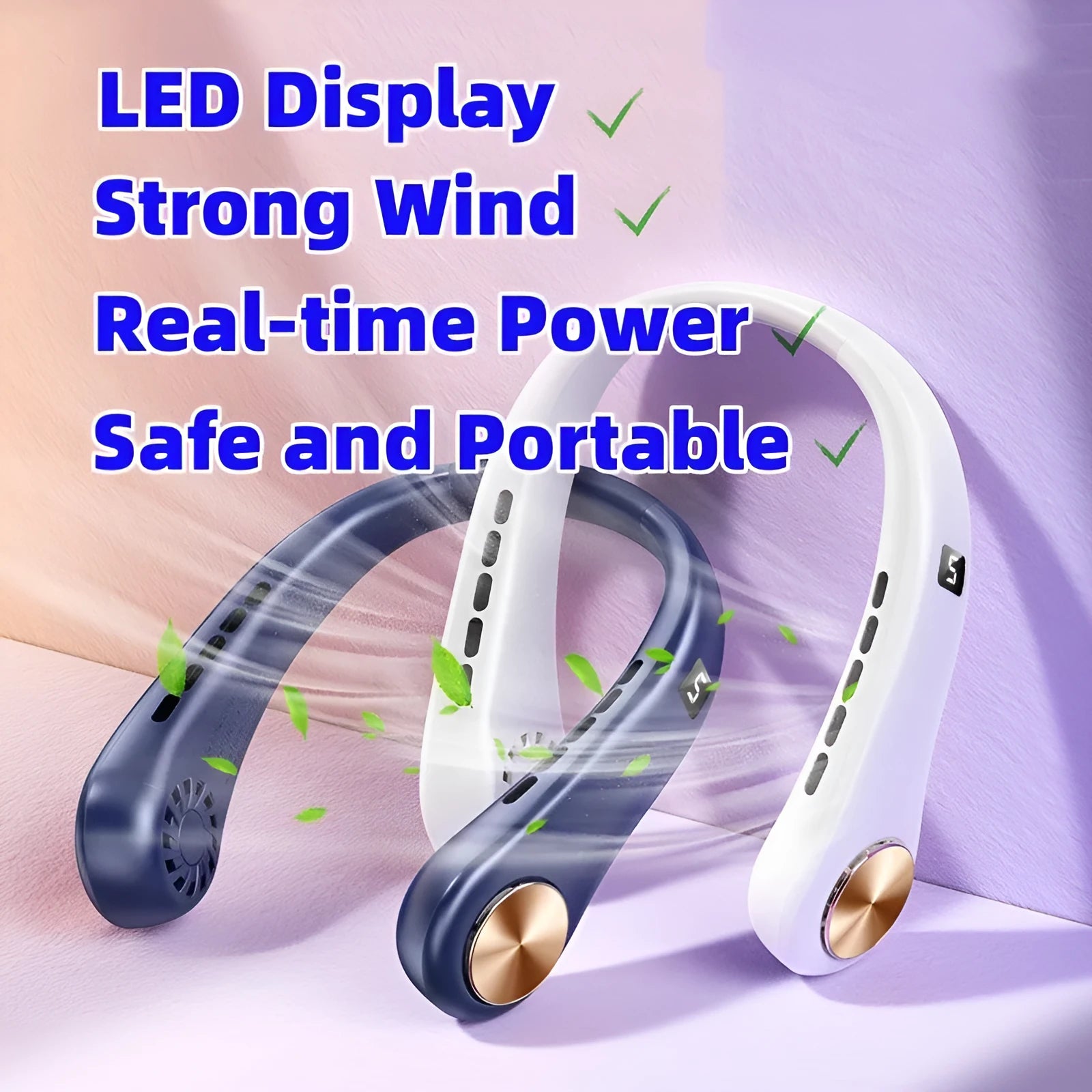 White bladeless hanging neck fan worn around a person's neck showing its snake-like shape and annular air outlet.