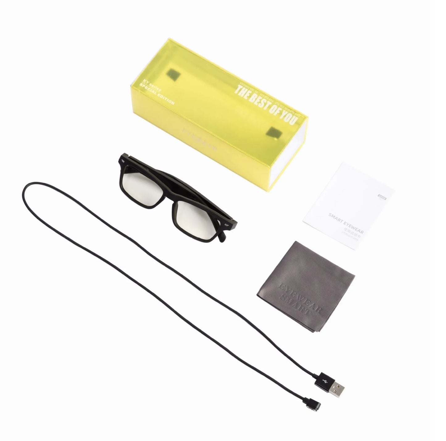 Smart glasses with semi-open Bluetooth audio, anti-blue light lenses, and IPX7 waterproof rating on a person