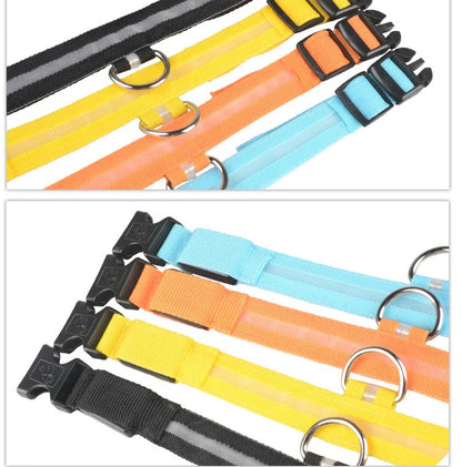 Nylon LED dog safety collar with illuminated fibre optic lights in blue colour, adjustable buckle, and waterproof construction