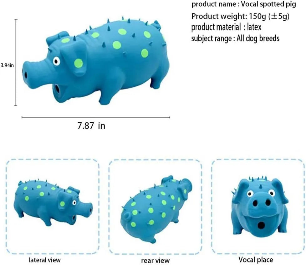 Blue latex pig-shaped dog chew toy with textured surface measuring 20x10cm