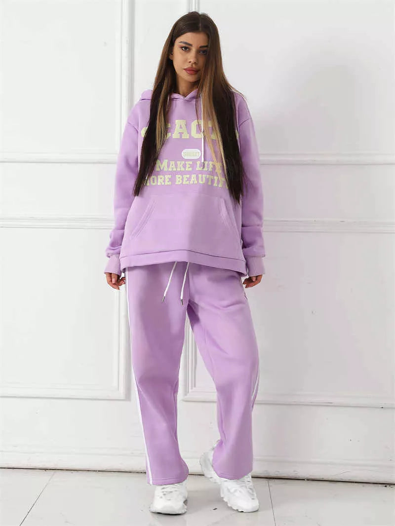 Women's casual printed top and pants set in polyester, available in black, pink, and purple