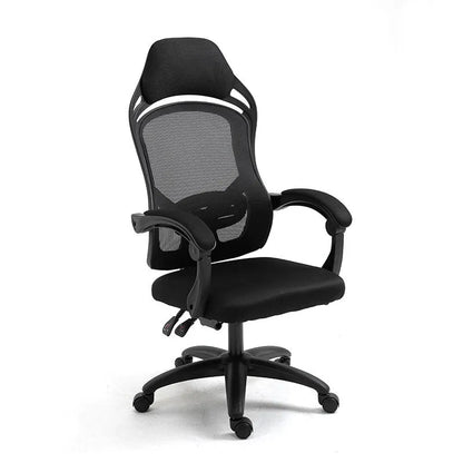 Ergonomic black computer gaming chair with reclining backrest and adjustable armrests