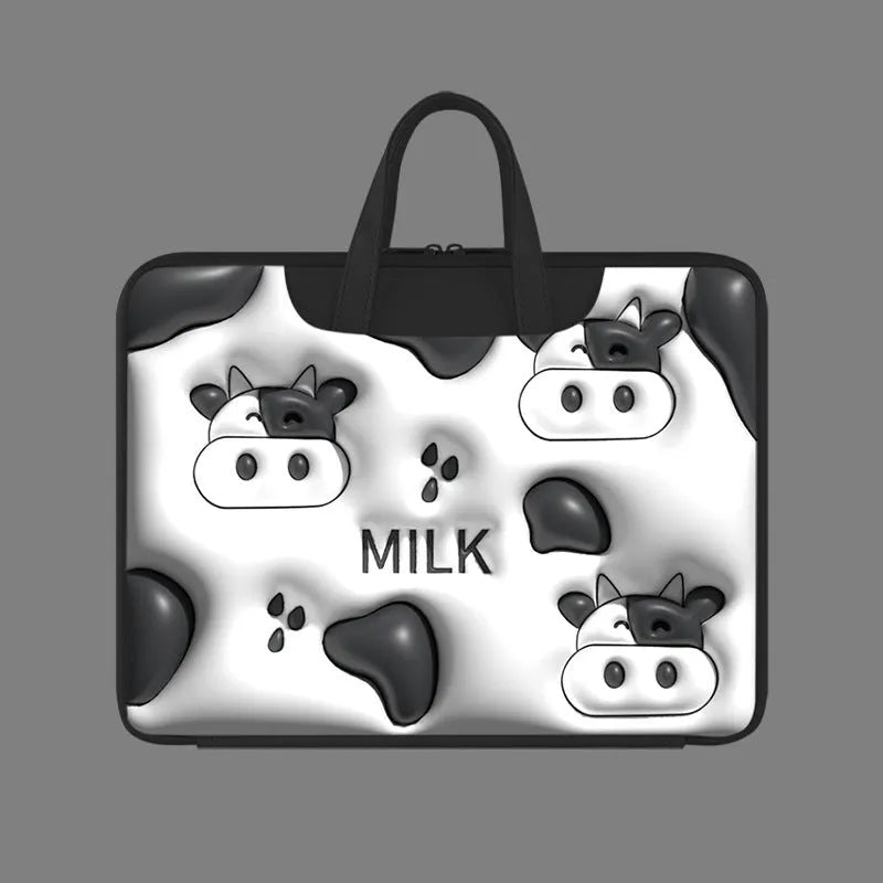 PU leather inflatable laptop bag with strap, shown in a cartoon pattern design, hanging from a suitcase handle.