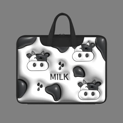 PU leather inflatable laptop bag with strap, shown in a cartoon pattern design, hanging from a suitcase handle.