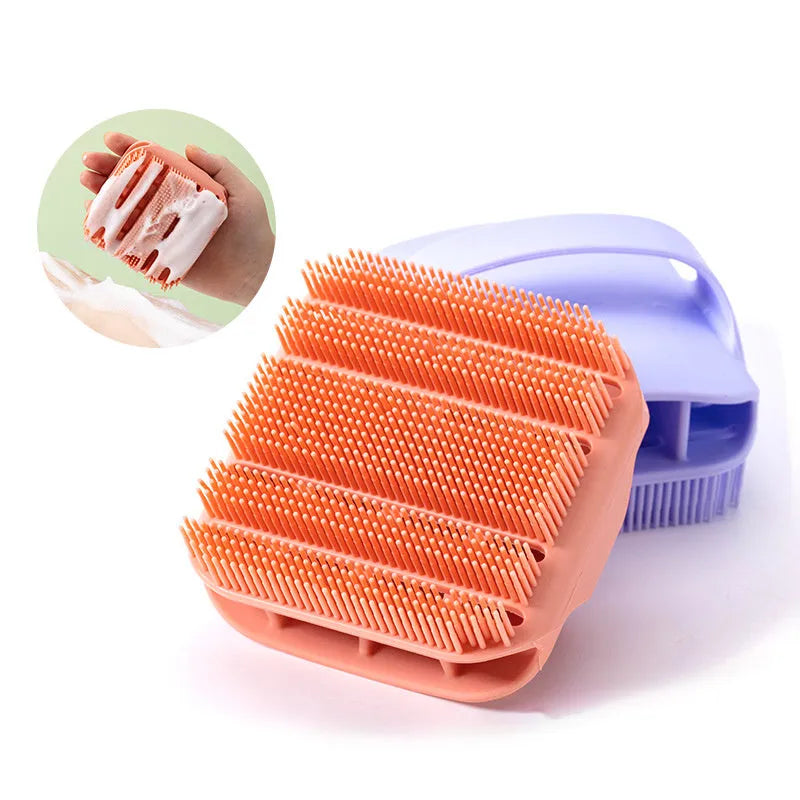Silicone scalp massager brush with extra-long bristles and ergonomic handle in multiple colours