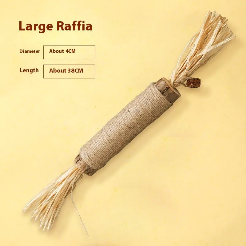 Wood skirret polygonum cat molar rod with catnip lafite grass and raffia detailing, 2.2 cm diameter