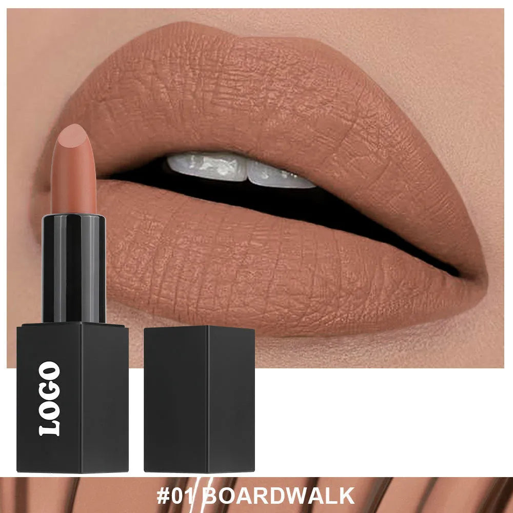 Beauty Does Not Fade matte finish lipstick in nonstick cup packaging, showing range of 24 colour shades.