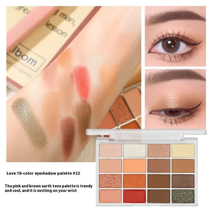 16-colour eye shadow palette showing matte and shimmer powder shades in pink, brown and lavender tones