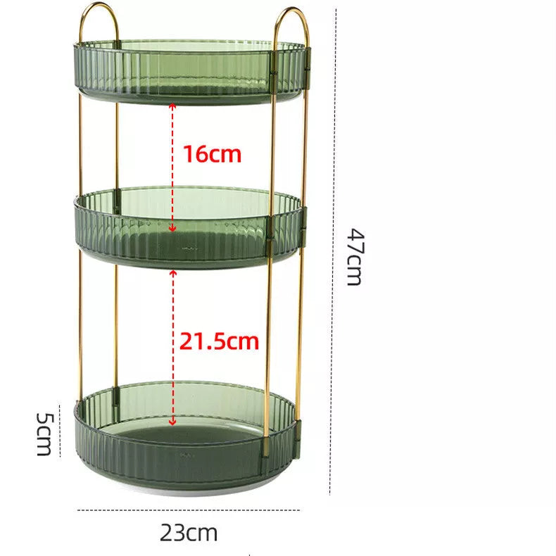 3-layer rotating cosmetic shelf in green, yellow, or white for bathroom organization