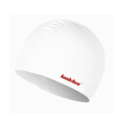 Coloured silicone adult swimming cap with letter pattern and built-in earmuff design.