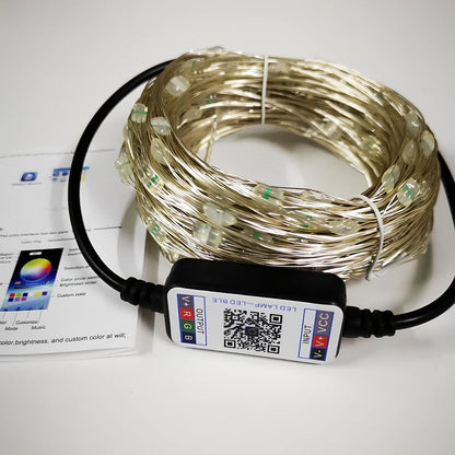 APP Bluetooth copper wire light string with 100 LED lights showing colour-changing pattern