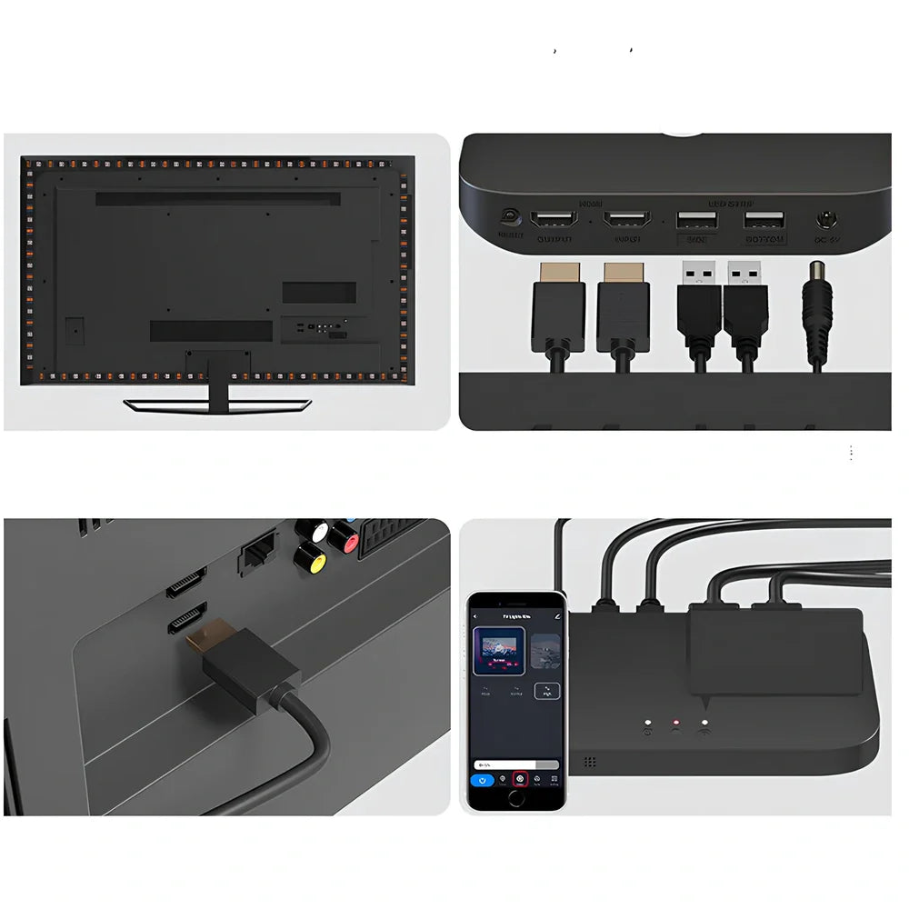 TV ambient light with 60 LED beads per metre, HDMI sync box, and light strips for screen background lighting