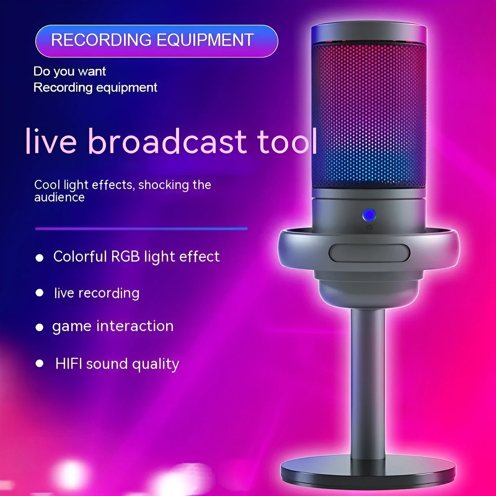 RGB USB condenser microphone in black, white, or pink colours with a 150 cm cable.